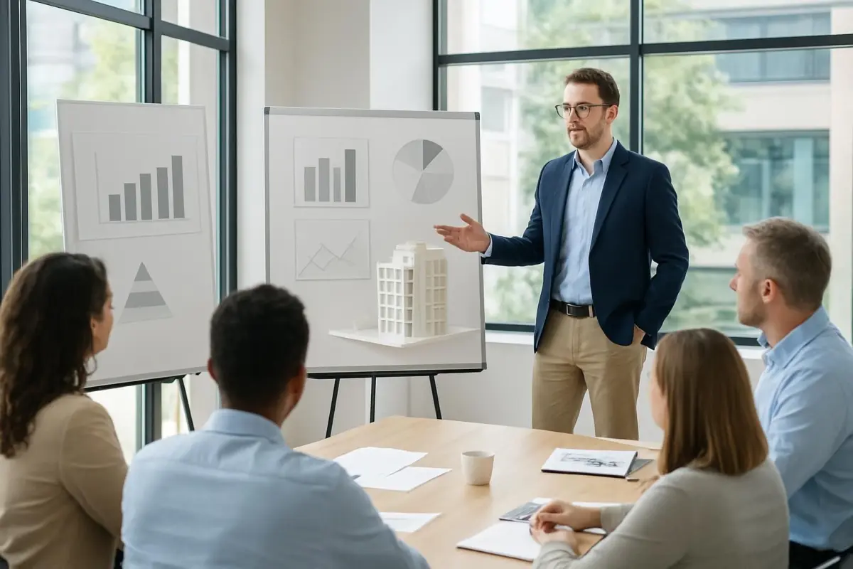 Architect presenteert bevindingen aan collega's.