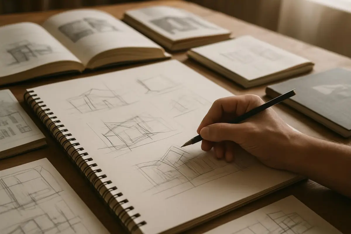 Hand die ontwerpideeën schetst op een notitieblok.