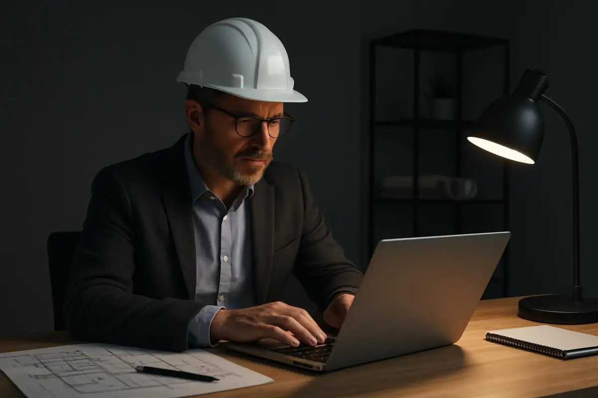 Architect evaluating firm profiles and regulatory knowledge on a laptop, in a contemporary workspace, focused lighting