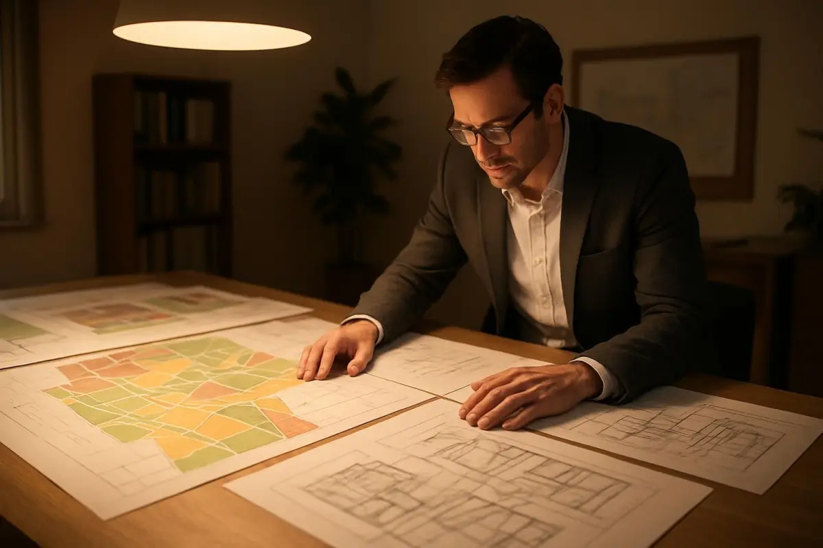 Architect examining zoning maps and design sketches on a large table, soft ambient light