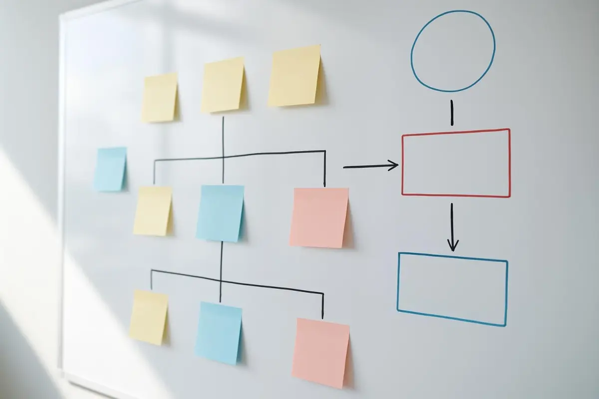 Close-up of meeting notes and action items on a whiteboard, bright meeting room lighting