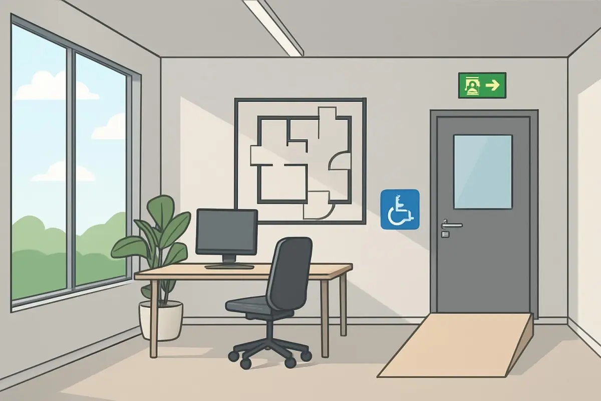 Diagram showing various building code requirements in a modern architectural office, natural daylight