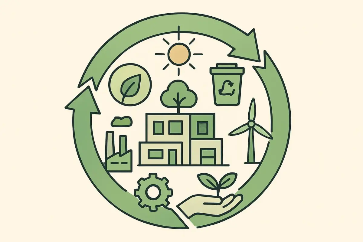 Illustration of a circular economy model in architecture with interconnected systems and eco-friendly icons