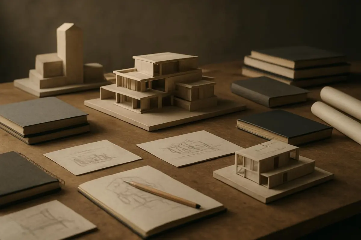 Werkruimte met modellen en ontwerpb boeken.