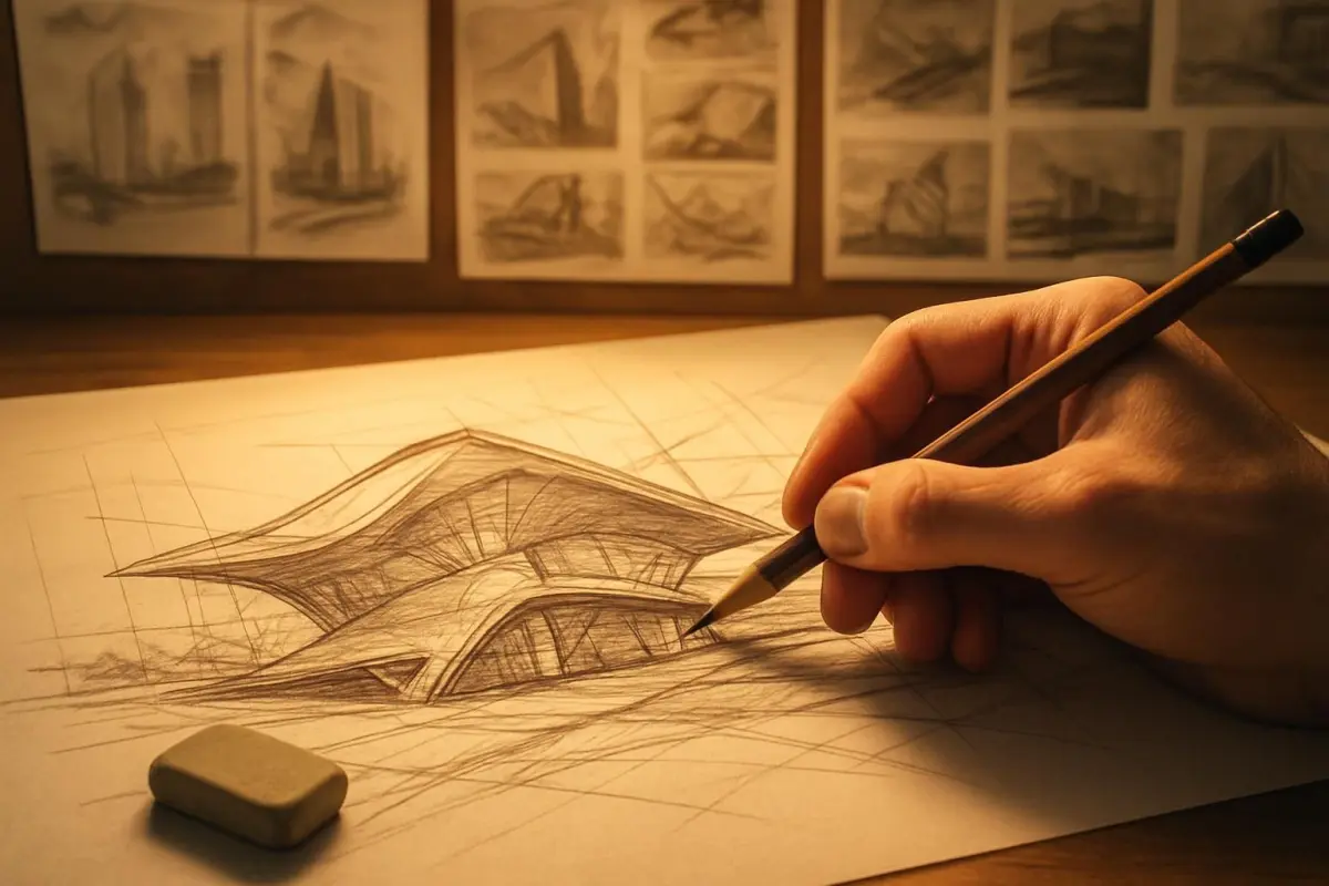 Een hand schetst een innovatief ontwerp.