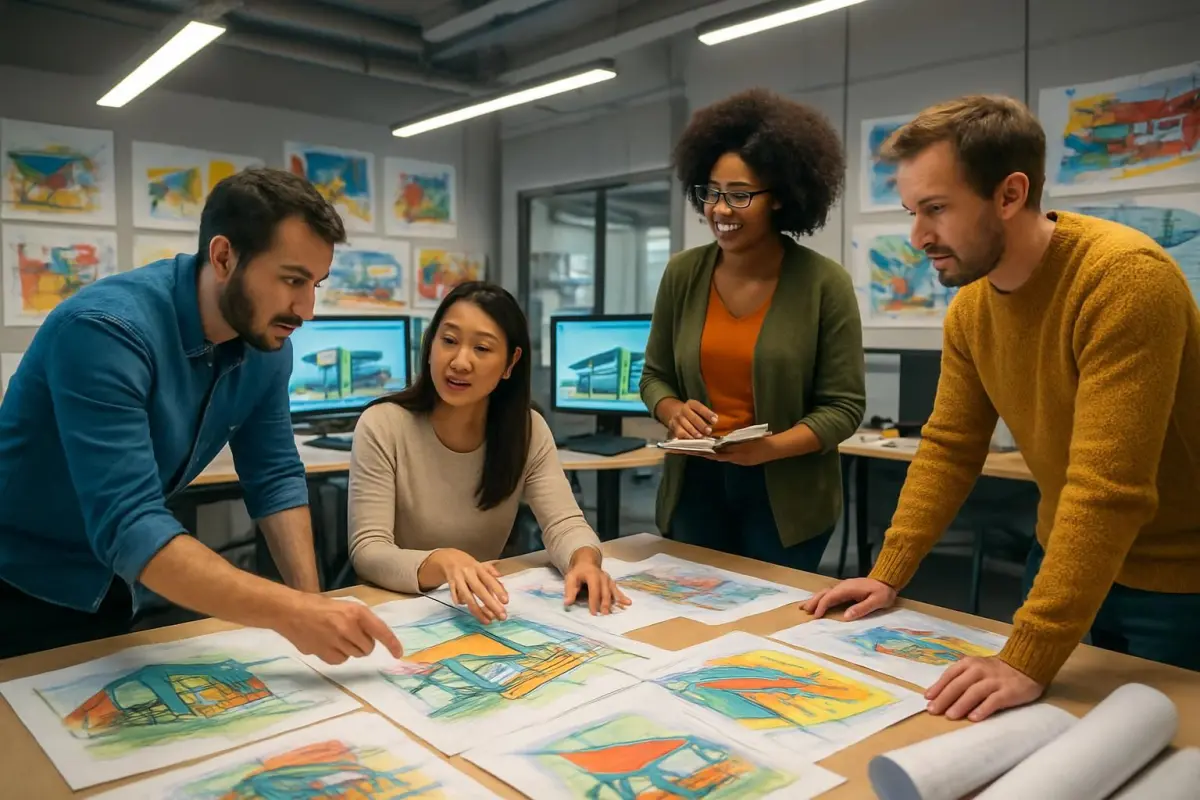 Groep architecten bespreekt ideeën.