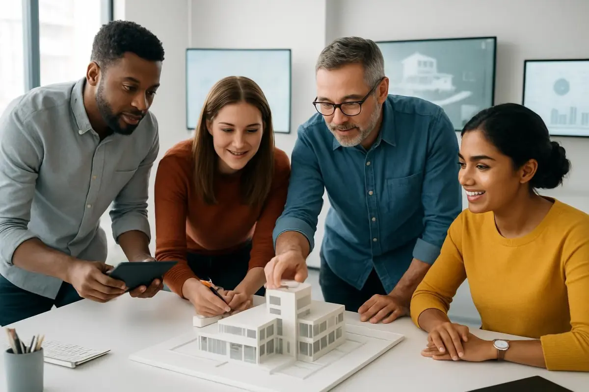 Groep gebruikers werkt samen aan een 3D-model