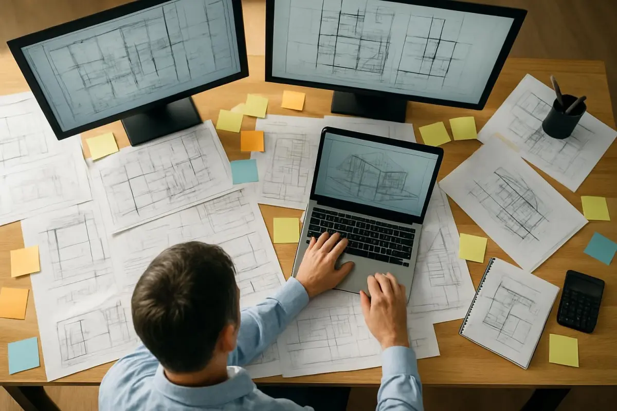 Overzicht van een ontwerpwerkplek met technische tekeningen.