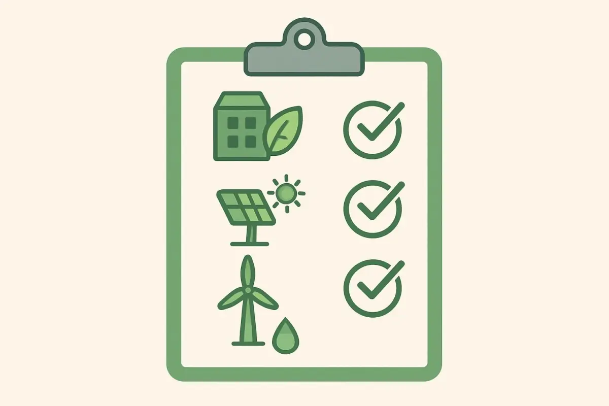 Illustration of a sustainable building design checklist with green icons and check marks