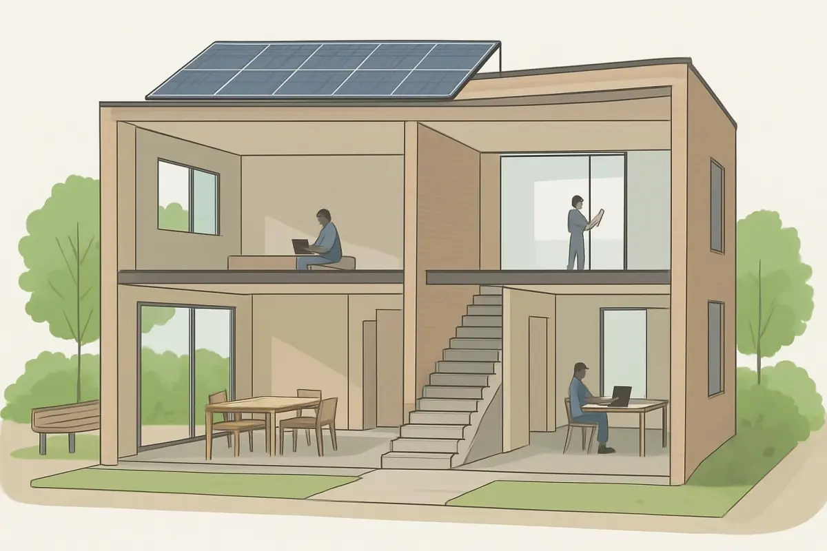 Diagram of a sustainable building illustrating flexible use of space and durable materials