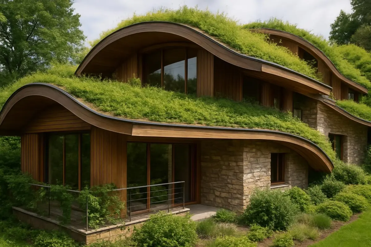 Close-up of innovative eco-friendly housing design with natural materials and green spaces