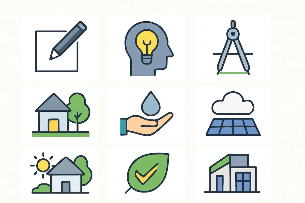 Step-by-step visual guide of sustainable architecture design process with icons and graphics