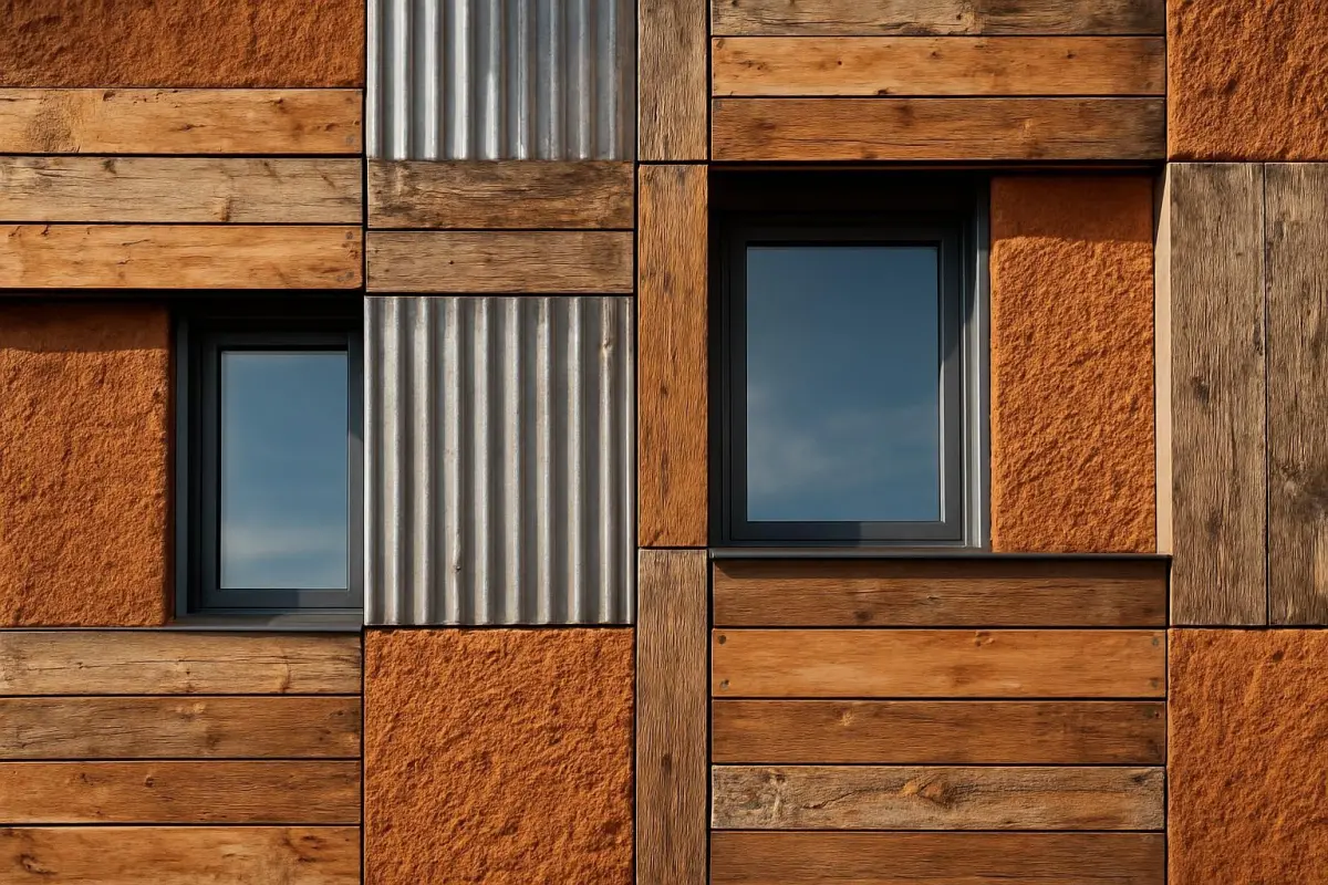 Close-up of a modern building facade using recycled materials, with natural textures and sunlight