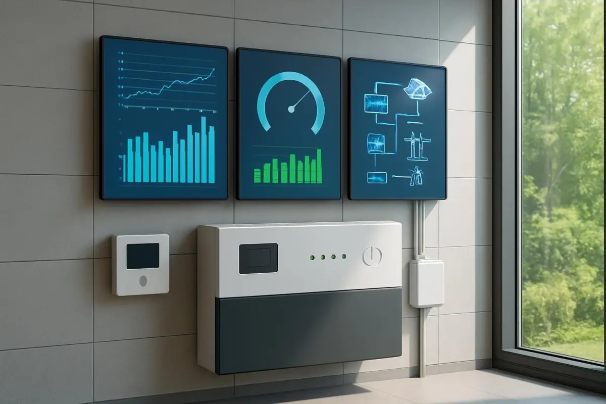 Detailed view of a smart energy management system in a modern building, with digital displays and natural lighting
