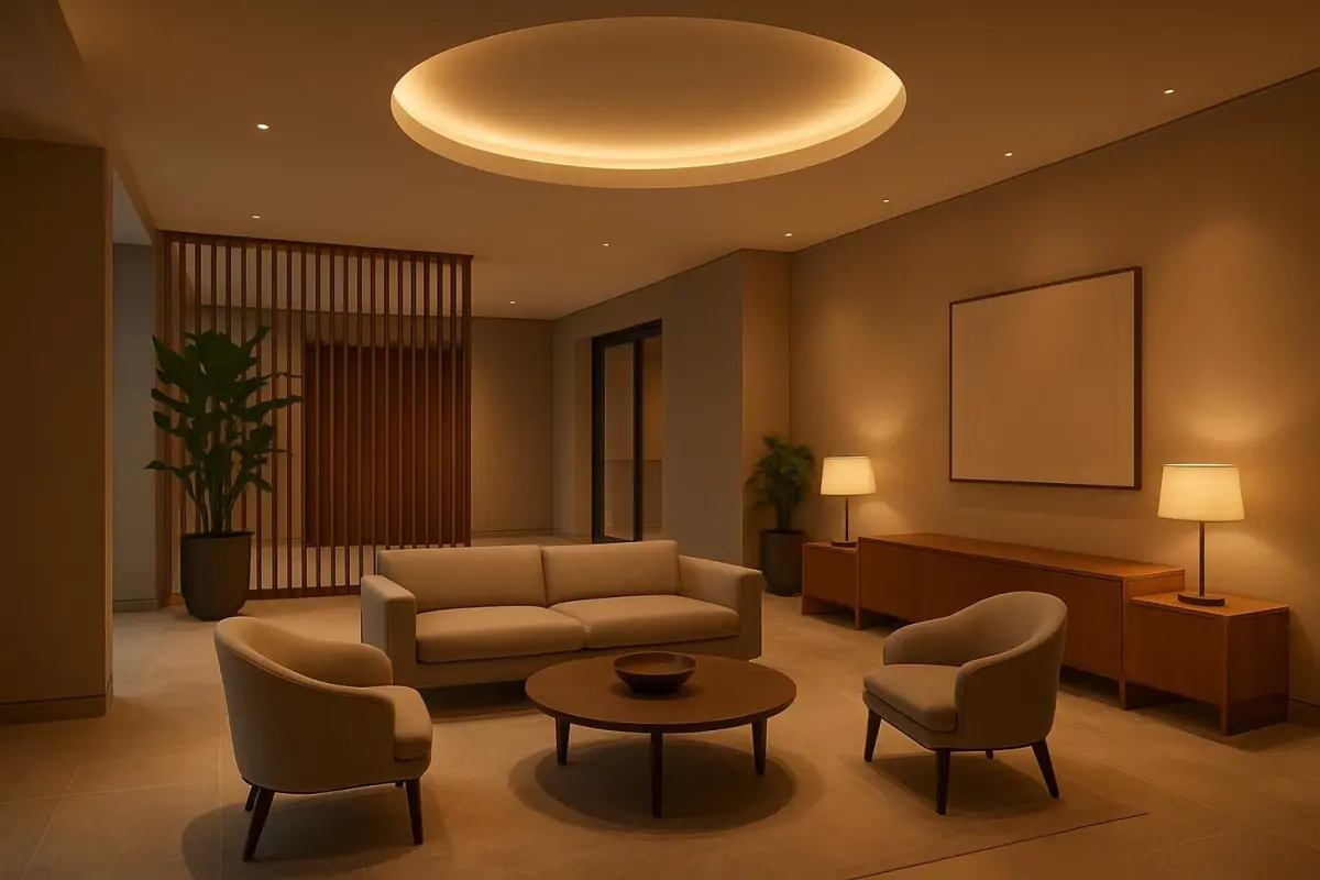 Interior design of a lobby with a focus on aesthetics and functional layout, soft ambient lighting