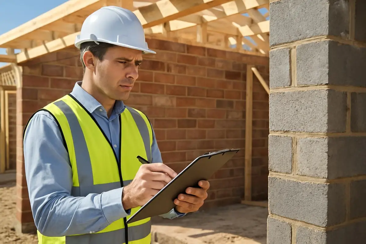 Inspector reviewing construction quality with a checklist, detailed focus on building materials, bright outdoor lighting