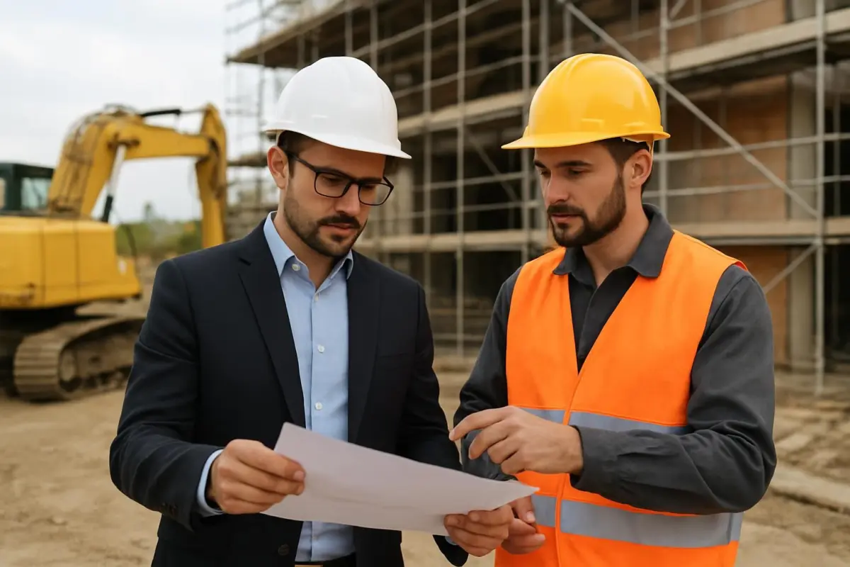Architect and contractor discussing quality findings on a construction site, machinery and scaffolding visible
