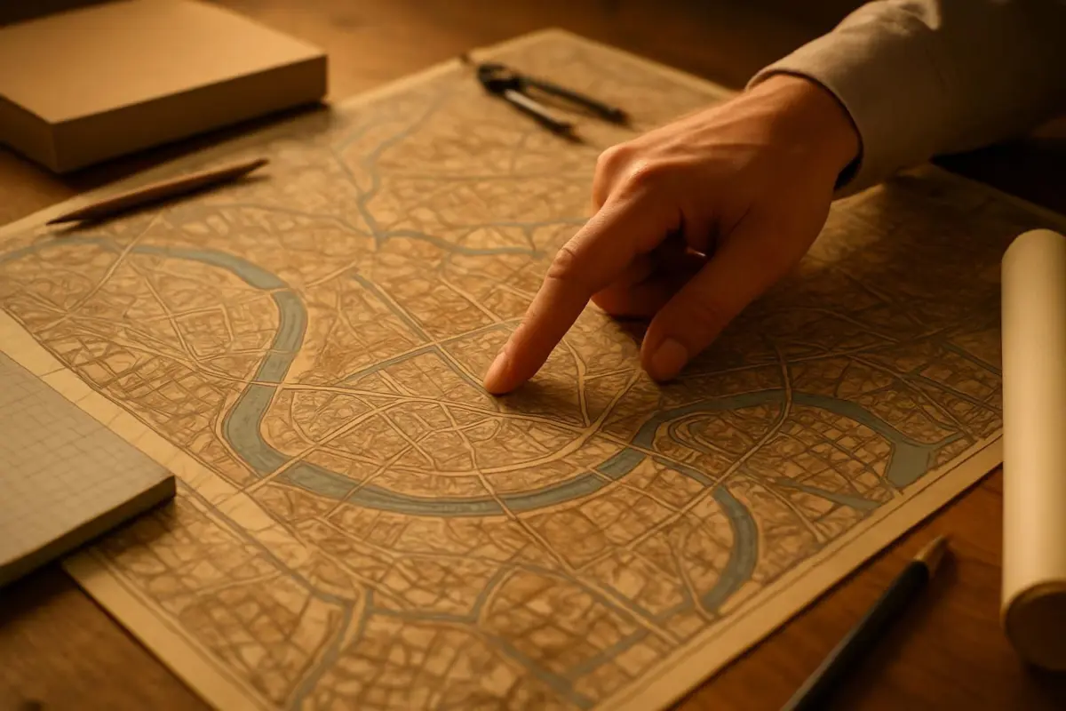 Architect onderzoekt een gedetailleerde kaart.