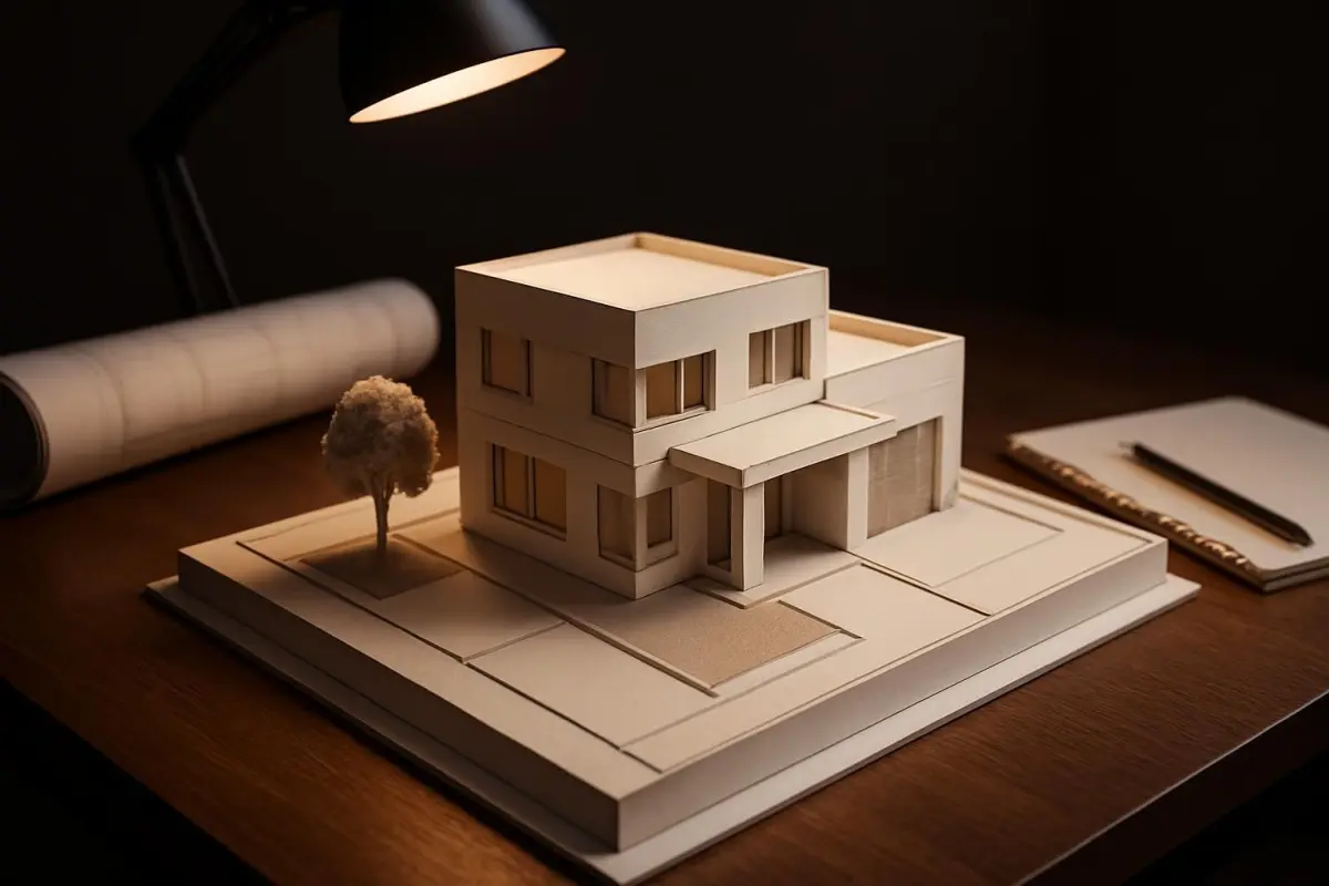 Detailed architectural model showing compliance with local regulations, on a designer's desk, focused lighting