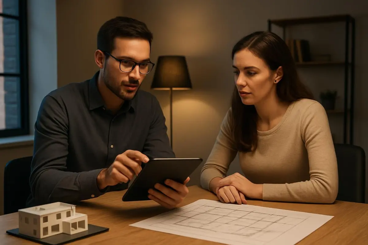 Architect discussing permit requirements with a client over a digital tablet in a modern workspace, ambient lighting