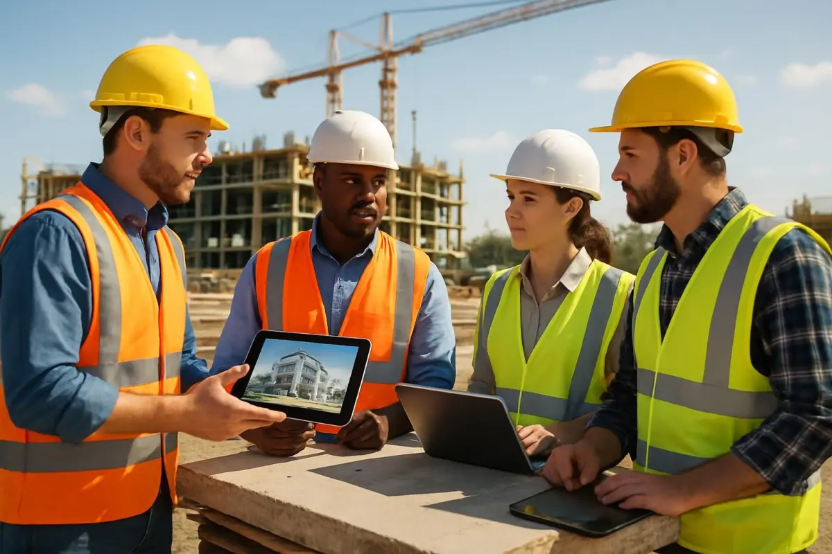 Construction site meeting with digital devices displaying design updates, sunny outdoor setting