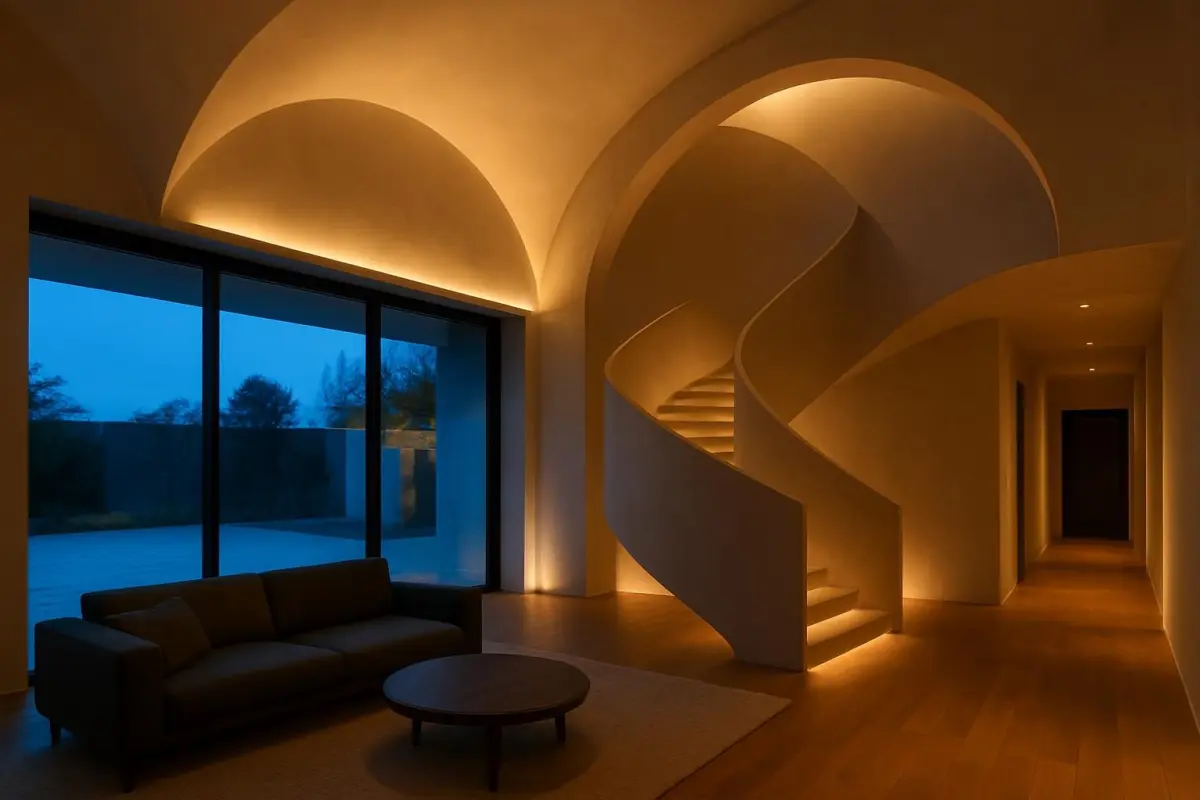 Interior of a modern home with unique architectural elements, evening lighting