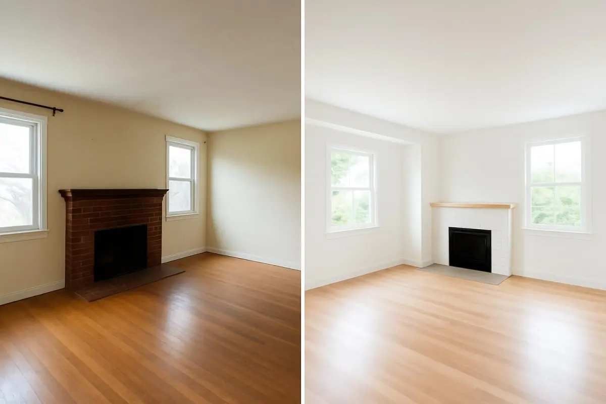 Before and after images of a renovation project showing design transformation, bright daylight