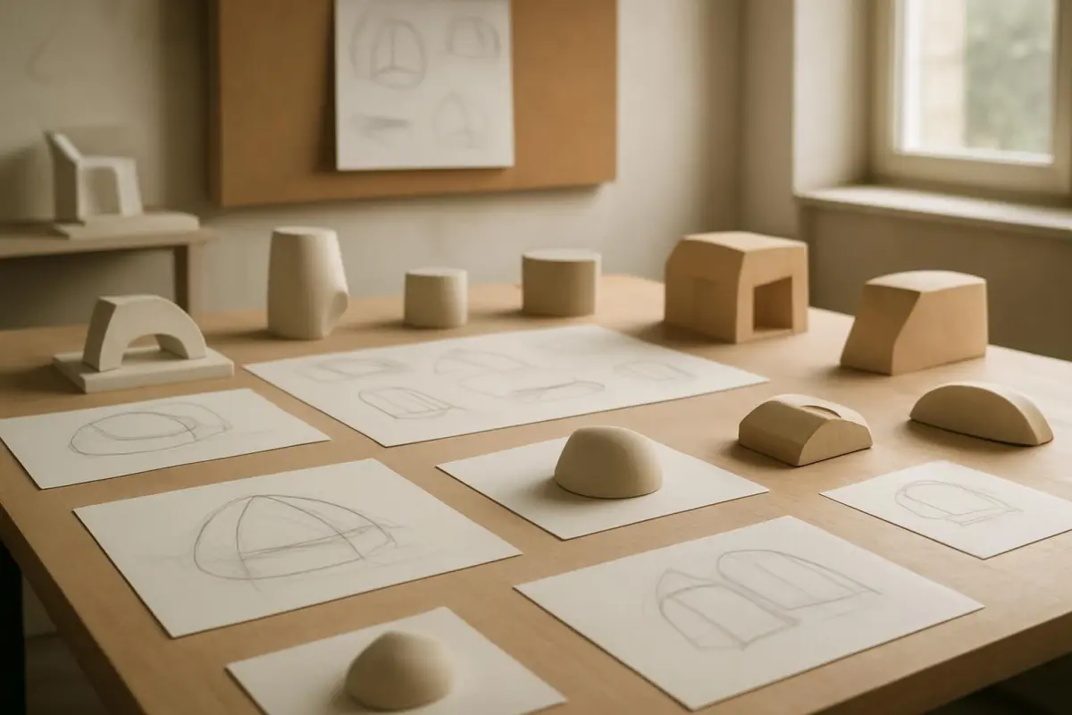 Conceptual sketches and models displayed on a large table in a design studio, natural and ambient lighting
