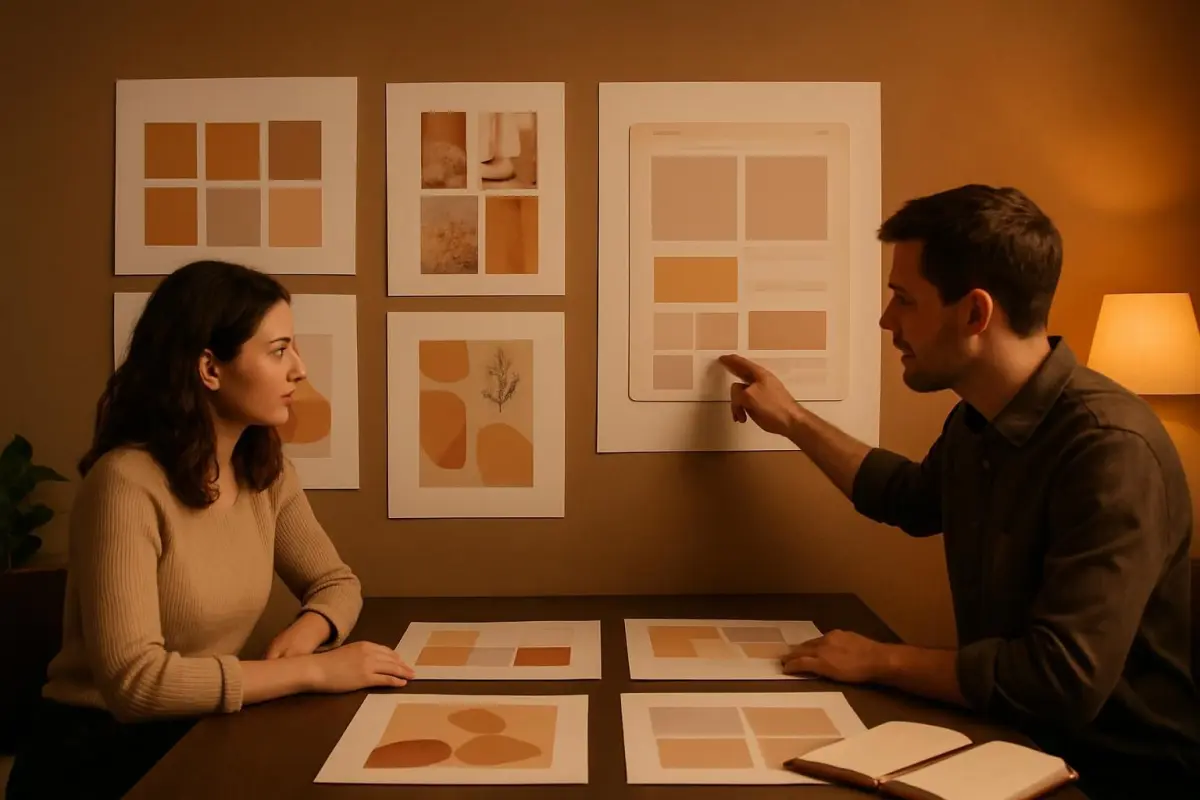 Detailed image of a client briefing with design mockups and mood boards on display, warm ambient lighting