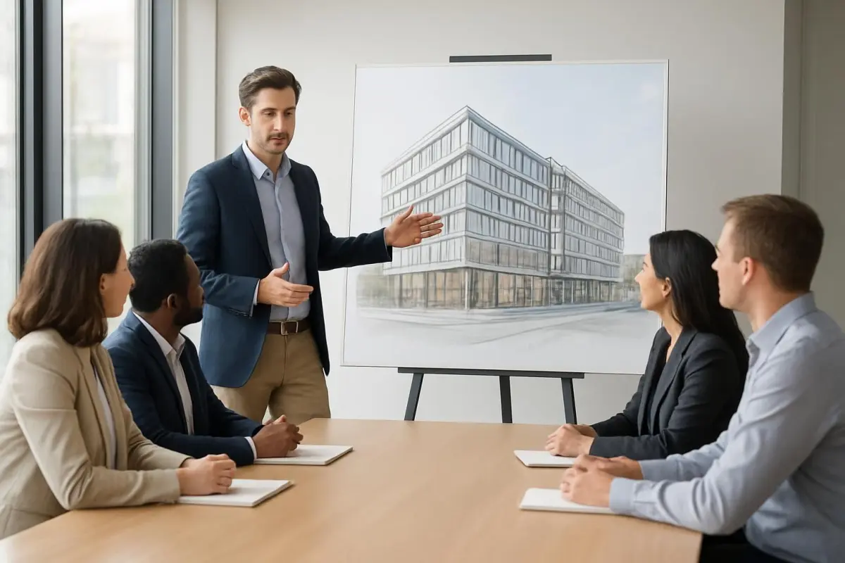 Architect presenting design concept to stakeholders in a conference room, natural daylight