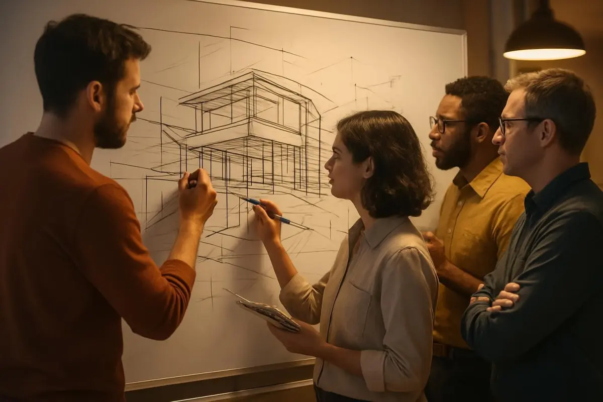 Architectural team developing innovative design solutions on a large whiteboard, collaborative setting, warm lighting