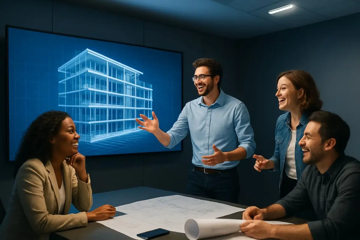 A dynamic group meeting featuring architects and engineers brainstorming ideas using a large digital screen displaying a