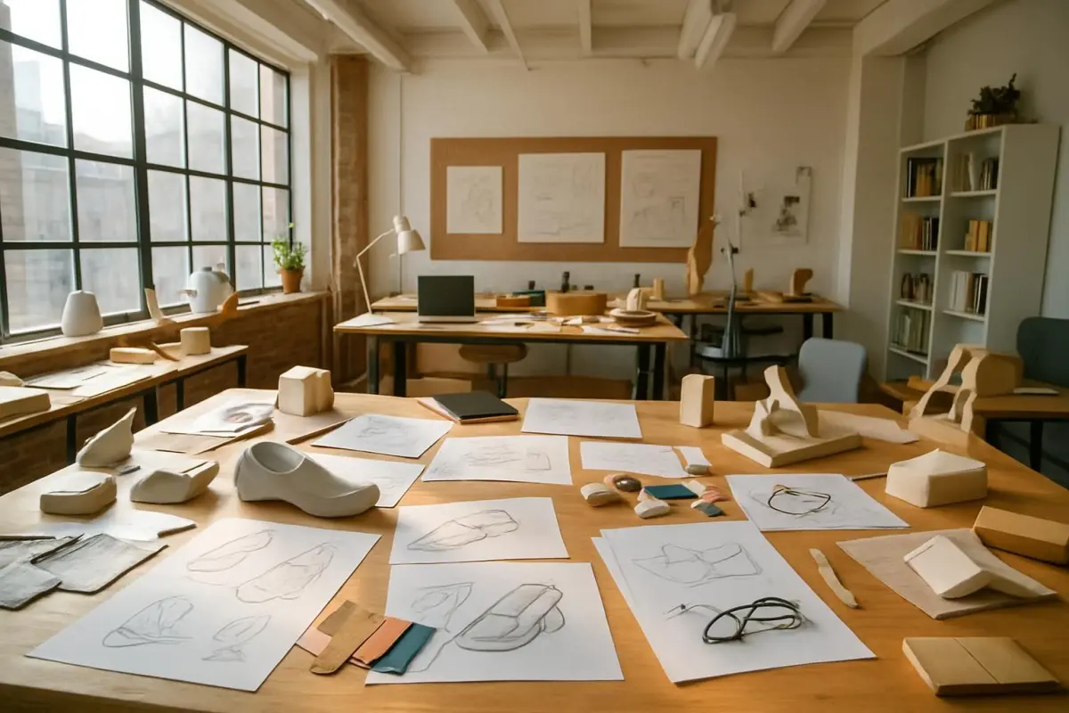Wide-angle view of a collaborative workspace filled with sketches, materials, and prototypes, showcasing the integration