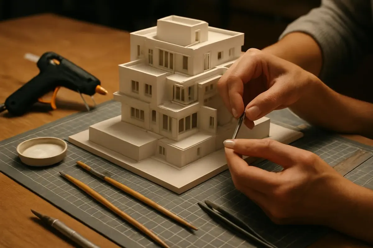 Close-up of hands working on a complex architectural model, with a variety of tools such as a glue gun and small brushes