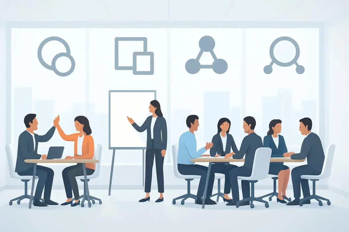 Comparative chart of collaboration models in a modern conference room, bright lighting