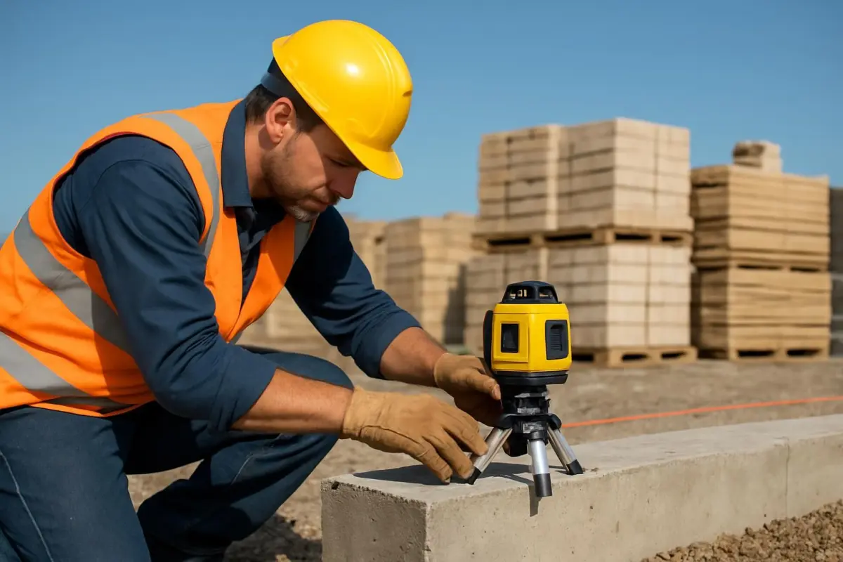Werkgever controleert de fundering met een laser