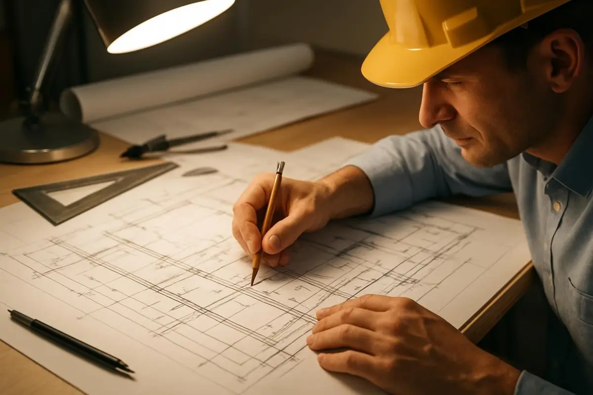 Ingenieur bekijkt bouwtechnische tekeningen