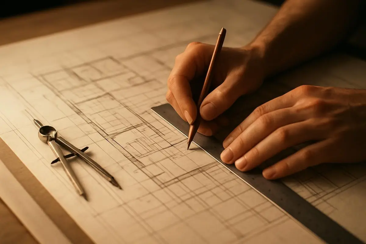 Ontwerper schetst plannen op een tekentafel