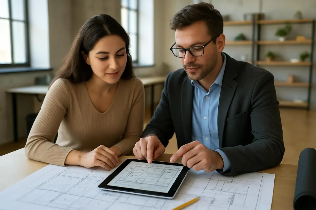 Client and architect reviewing permit applications on a digital tablet, in a collaborative workspace, well-lit